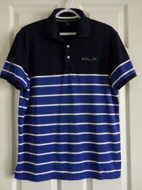 RLX Ralph Lauren Polo Shirt Men's Medium Blue Striped Pro Fit Golf Performance
